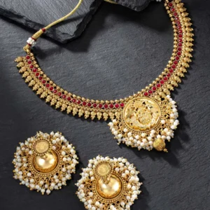 Goddess Laxmi Inspired Antique Necklace Set with Pearl Accents