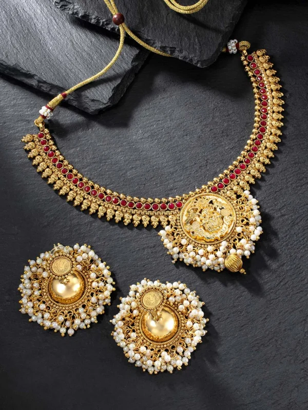 Goddess Laxmi Inspired Antique Necklace Set with Pearl Accents