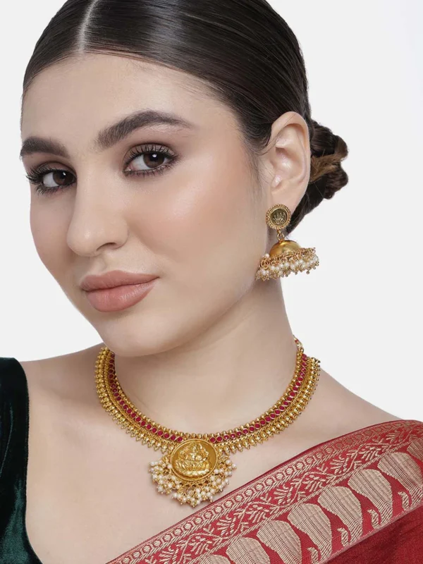 Goddess Laxmi Inspired Antique Necklace Set with Pearl Accents - Image 2